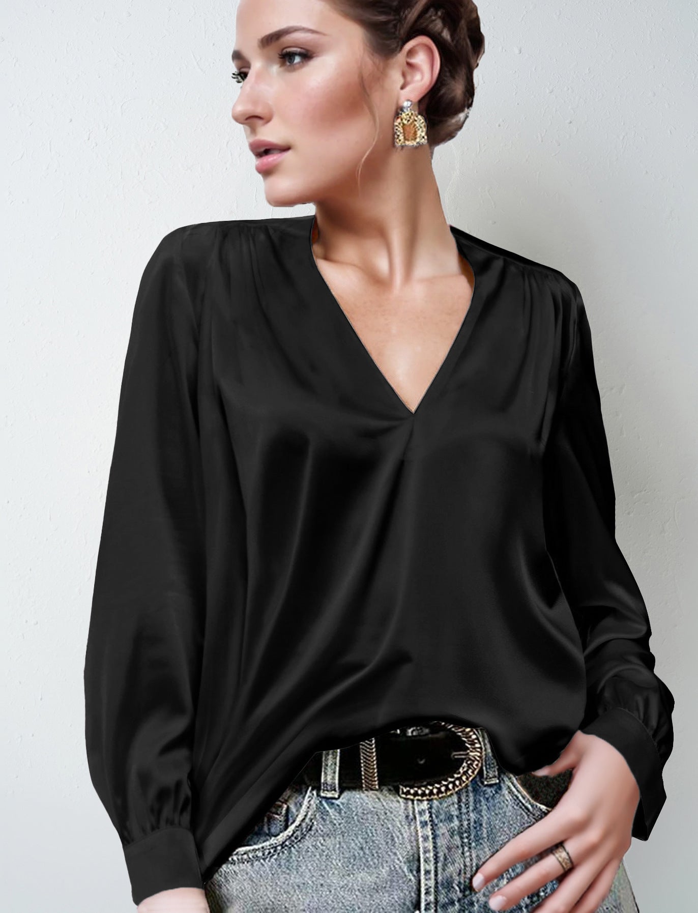 Long-Sleeve Satin Commuter Top