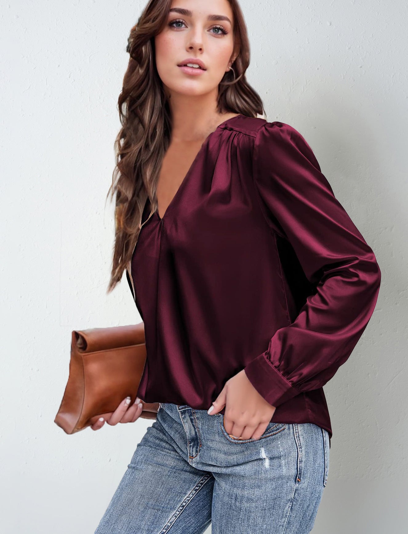 Long-Sleeve Satin Commuter Top