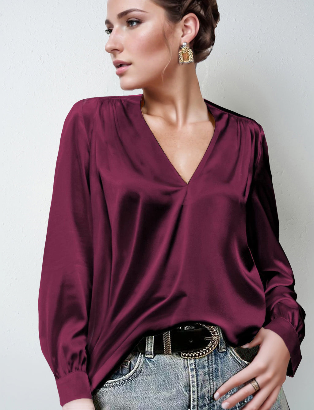 Long-Sleeve Satin Commuter Top