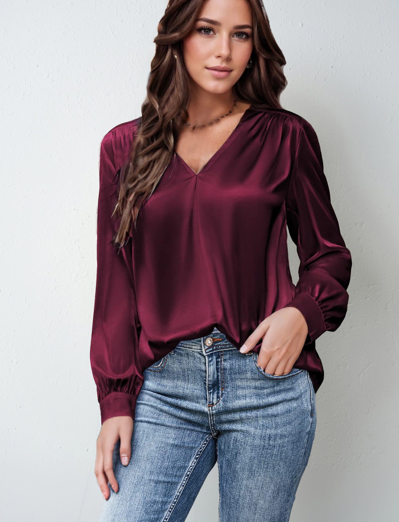Long-Sleeve Satin Commuter Top