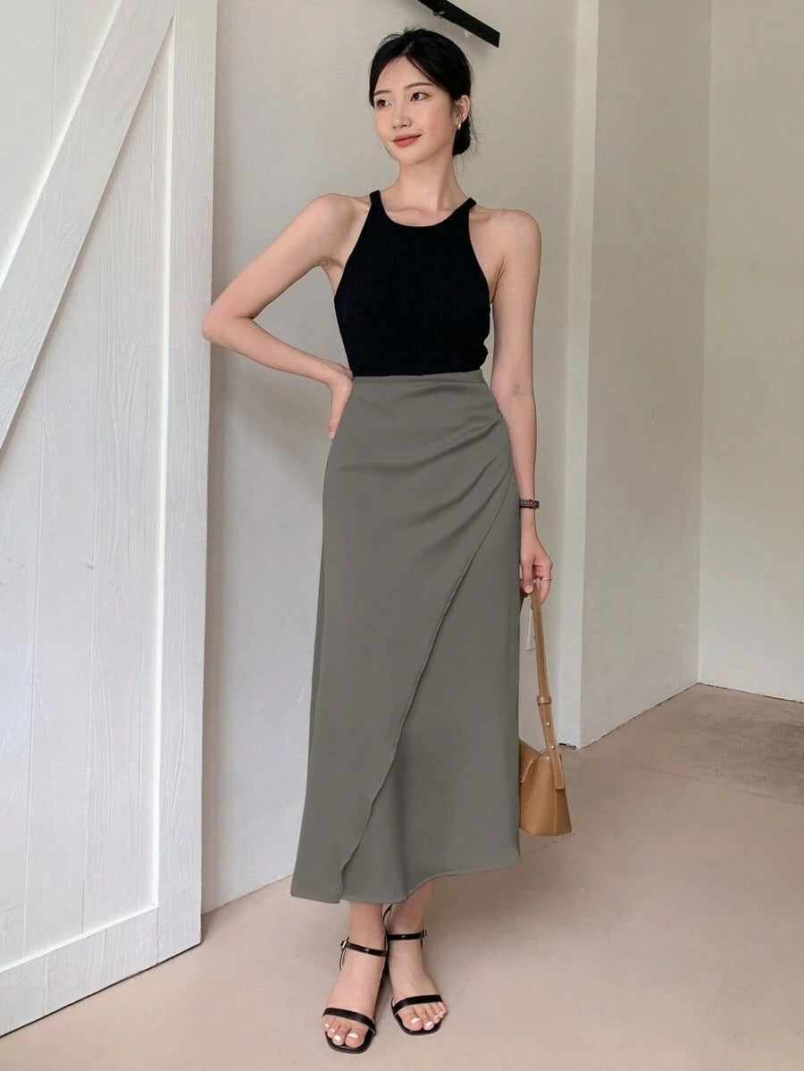 Satin Mid-Length Wrap Skirt