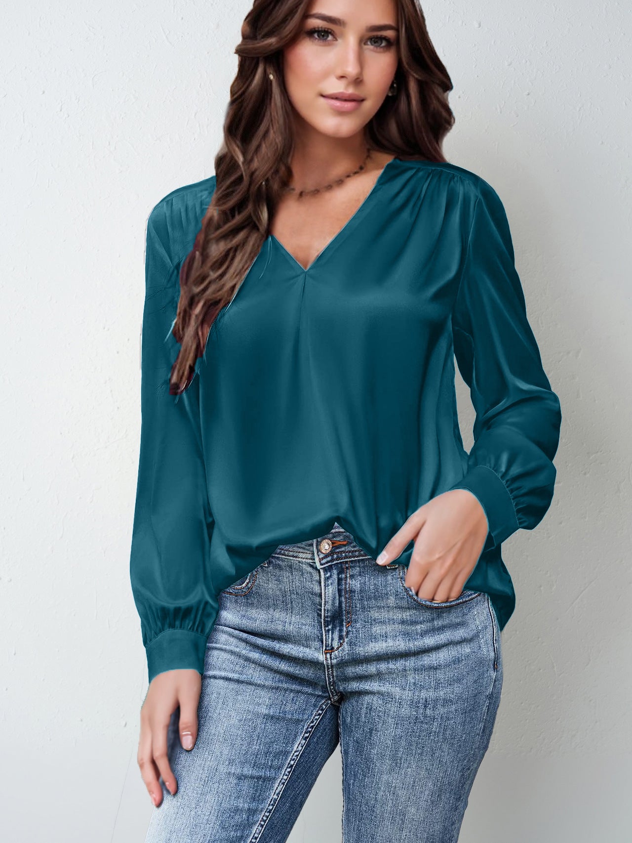 Long-Sleeve Satin Commuter Top