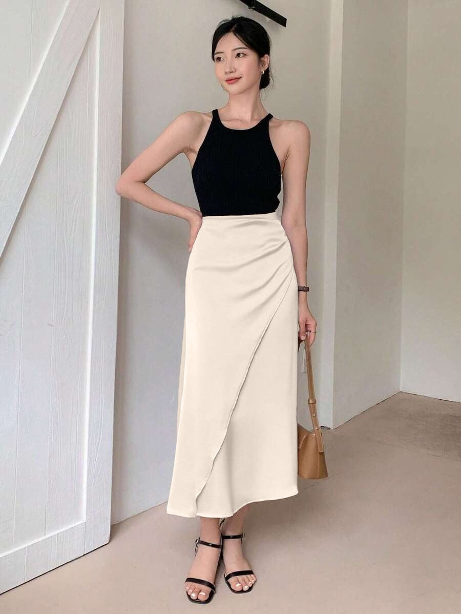 Satin Mid-Length Wrap Skirt