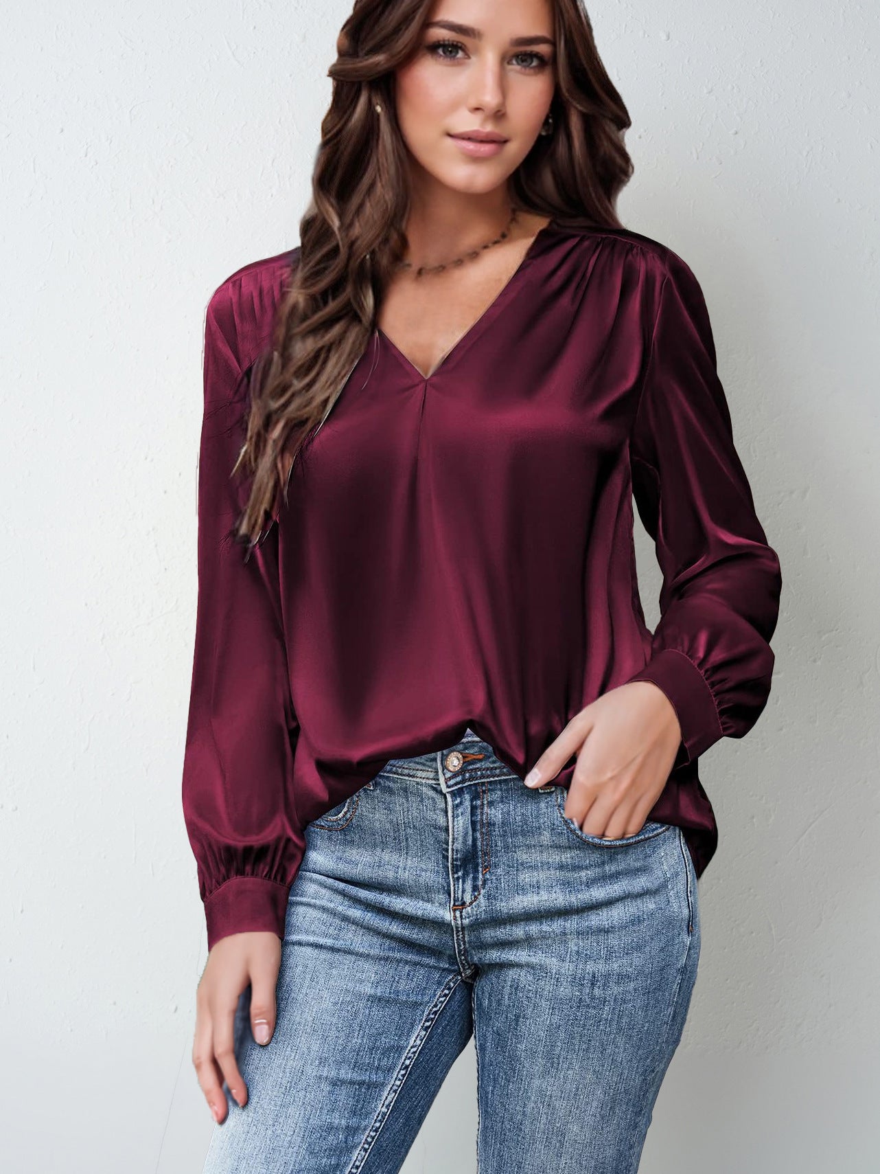 Long-Sleeve Satin Commuter Top