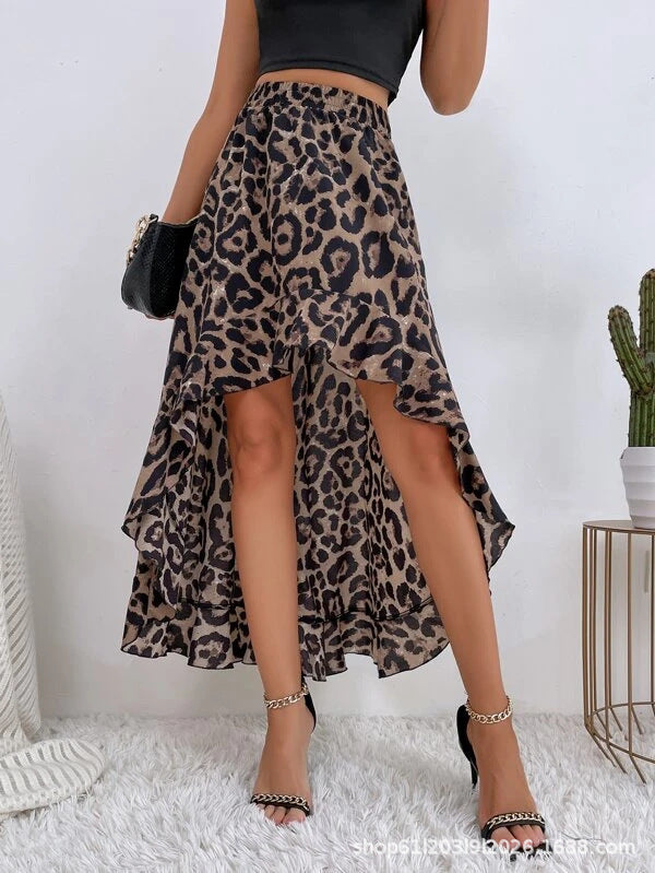 Leopard Print High-Low Midi Skirt