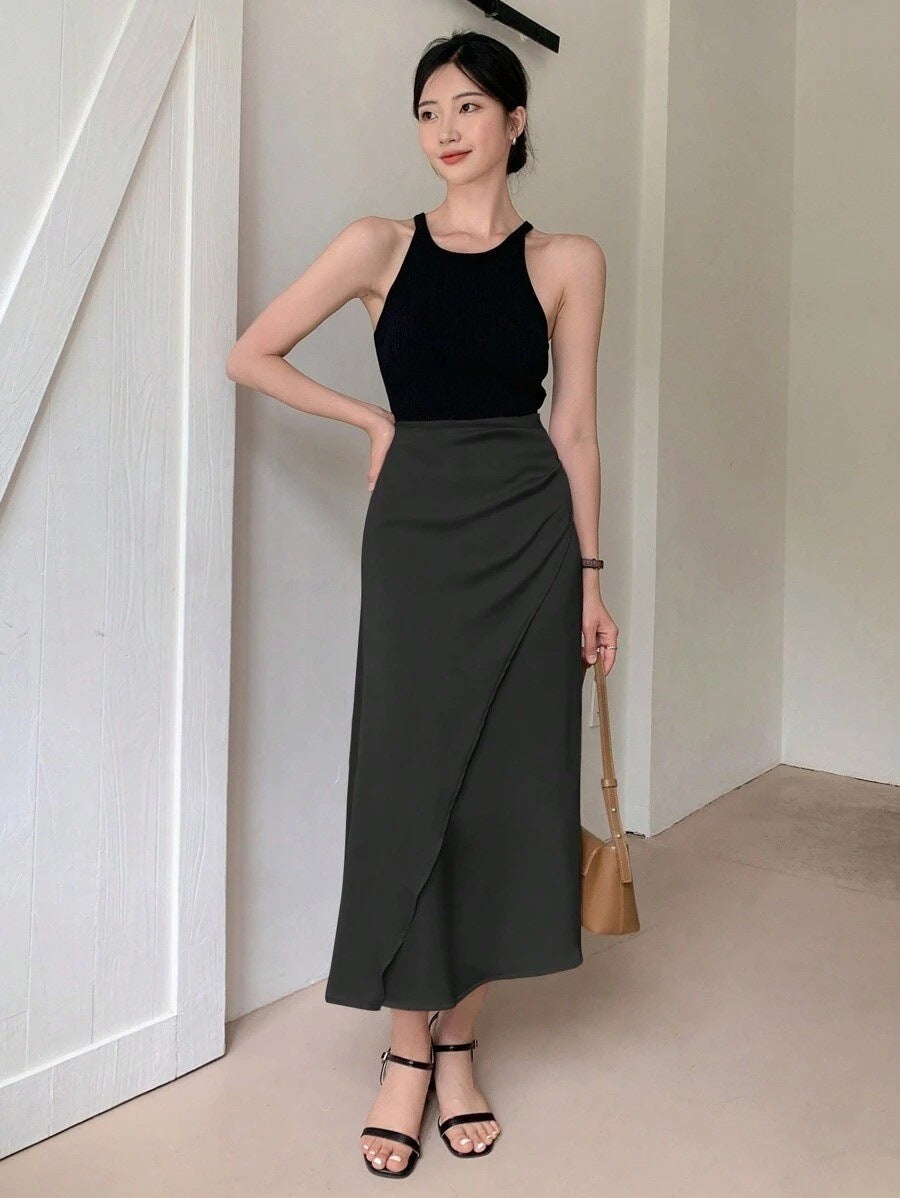 Satin Mid-Length Wrap Skirt