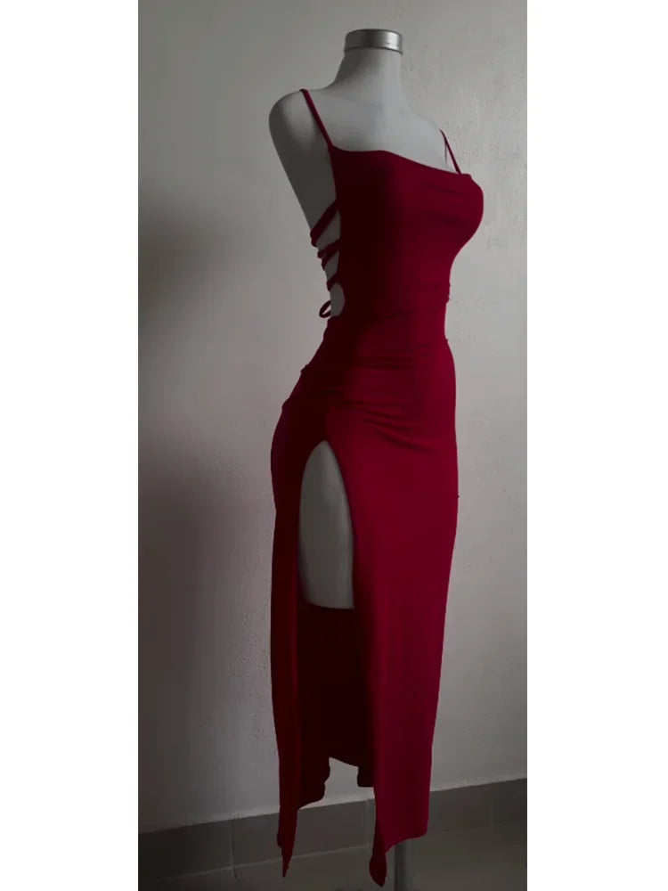 High-Slit Backless Halter Dress