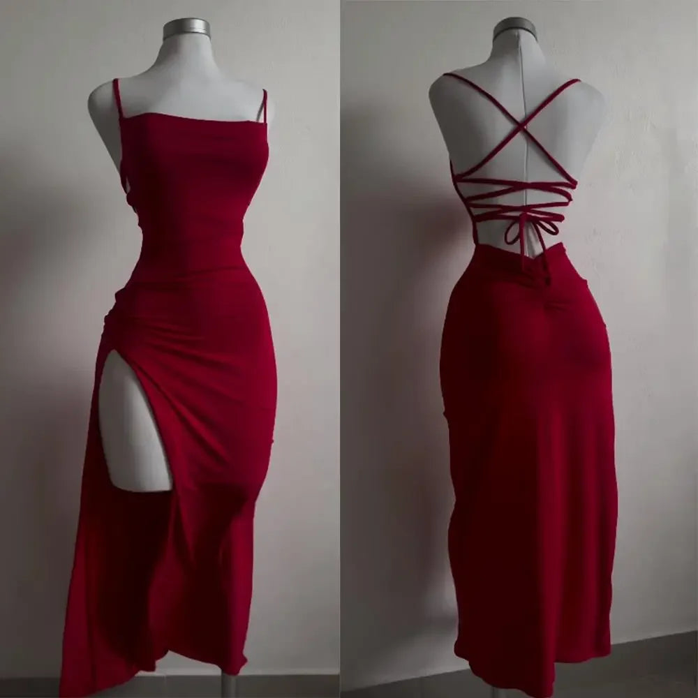 High-Slit Backless Halter Dress