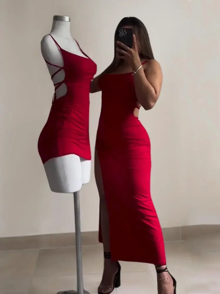 High-Slit Backless Halter Dress
