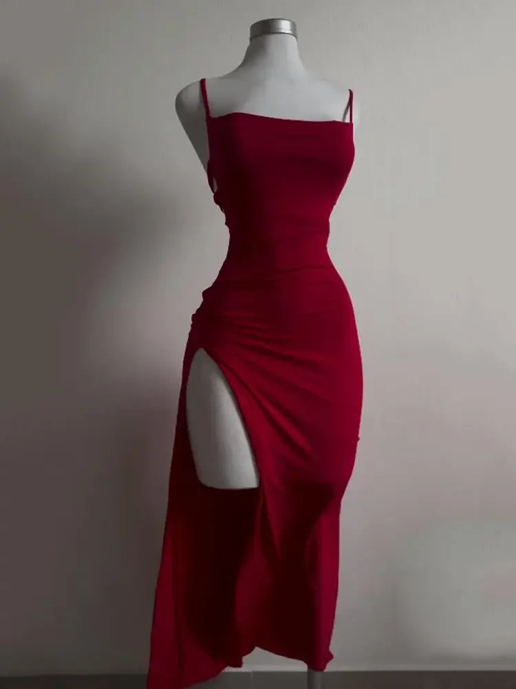 High-Slit Backless Halter Dress