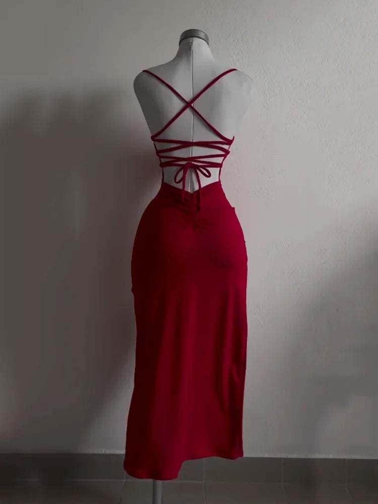 High-Slit Backless Halter Dress